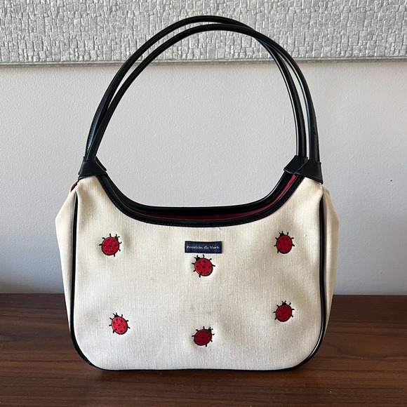 Preston & York Ladybug Shoulder Bag Tote Purse Canvas Embroidered Red Black - Picture 1 of 5